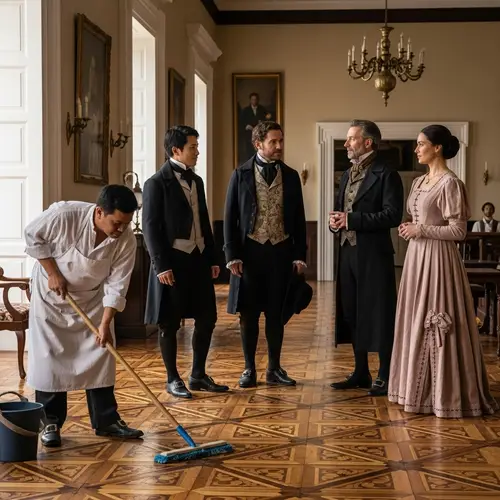 19th Century Philippines Scene: Slave Cleaning While High-Class Persons Talk