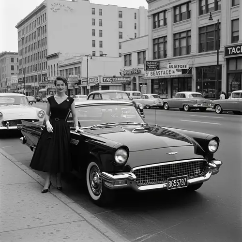1950s Vintage Fashion with Ford Thunderbird on City Street
