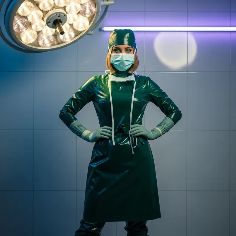 European Female Surgeon in Dark Green Latex | Professional Pose European Female Surgeon in Dark Green Latex | Professional Pose