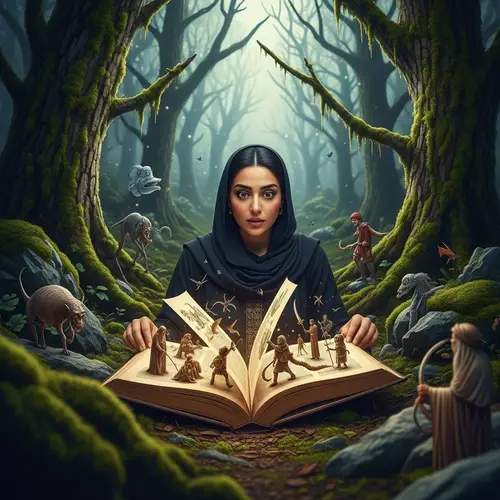 Mystical Forest Encounter: Woman Reading Storybook
