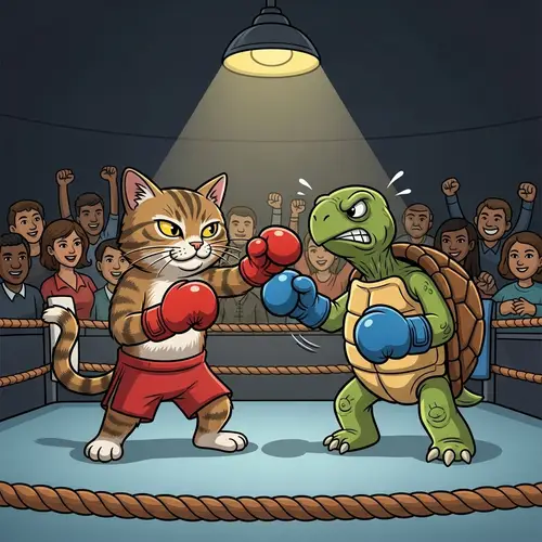 Comical Tabby Cat vs. Green Turtle Boxing Match Illustration