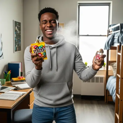 Unique M&M Chocolate Pack Perfume: Excited Black Male Student Spraying Mist