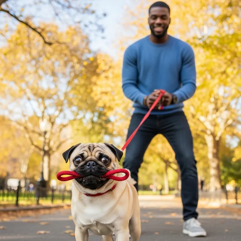 Caramel Pug Walking Man | Urban Park Fall Scene