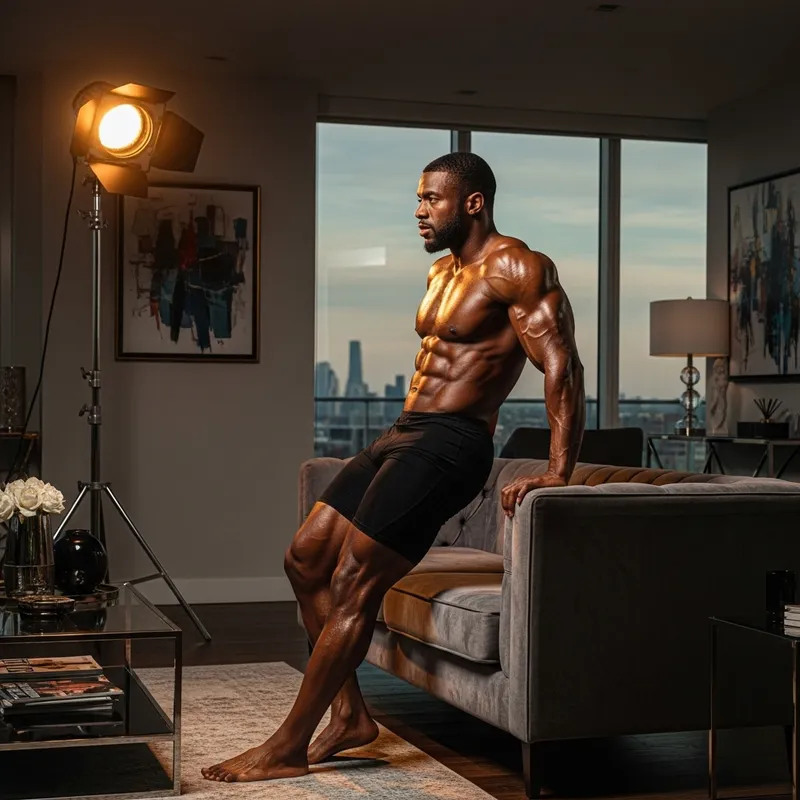Muscular African Bodybuilder Modeling in Luxurious Penthouse