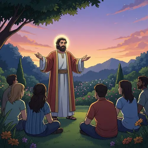 Biblical Era Religious Figure Sharing Wisdom with Diverse Group
