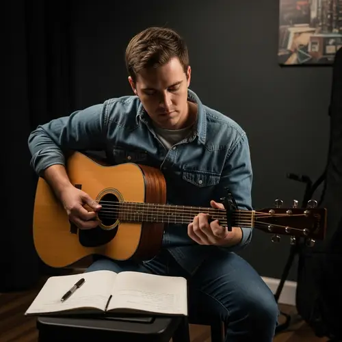 Inspired Musician in Dimly Lit Room with Guitar and Notebook