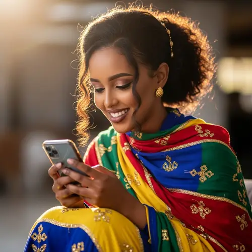Joyful Somali Woman Using Phone | Cultural Attire & Beautiful Smile