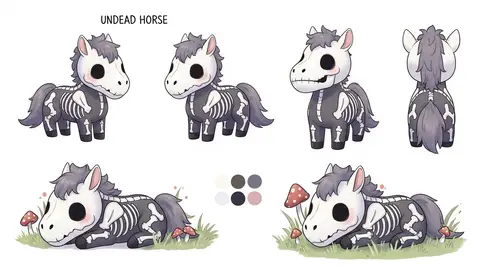 Chibi Undead Skeleton Plush Horse Reference Sheet in Soft Pastel Colors