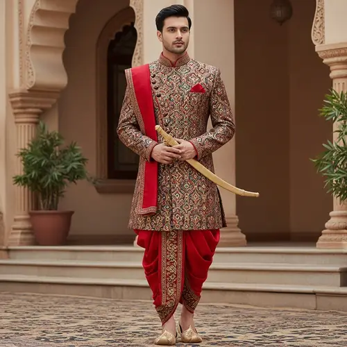 Traditional South Asian Man in Colorful Kurta and Dhoti