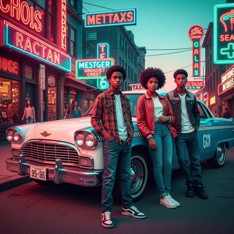 Nostalgic Scene: Teenage Black Kids by Classic Taxi Cab on Retro Street