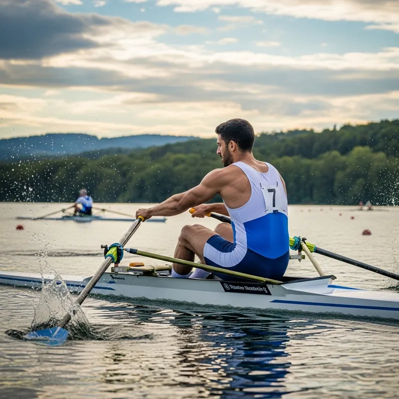 Handsome Guy Rowing a Boat in a Competitive Race