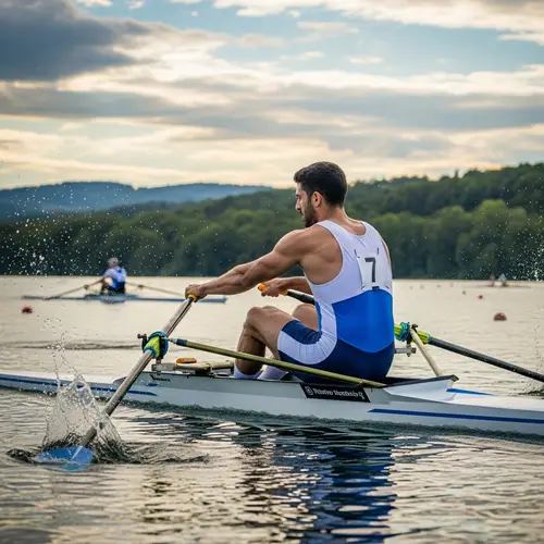 Male Middle-Eastern Rower in Competitive Race | Serene Lake Scene