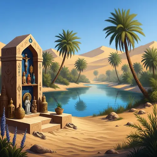 Desert Oasis Painting: Tranquil Water, Palm Trees, and Symbolic Shrine
