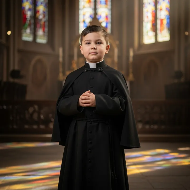 Adorable Little Boy in Black Catholic Priest Attire