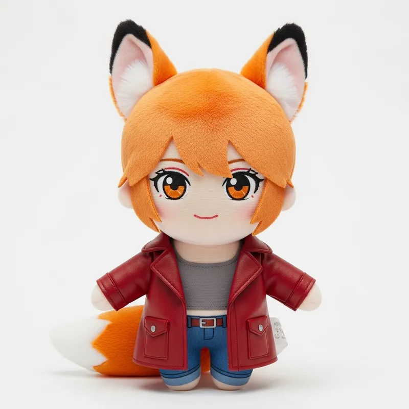 Stylized Girl Plush Toy with Orange Eyes, Fox Features, and Cute Appeal