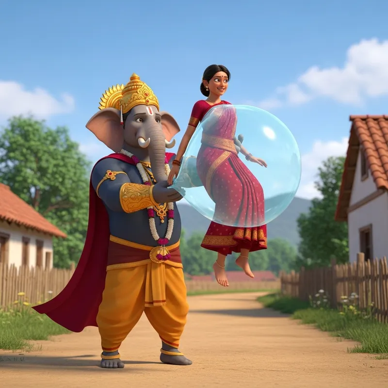 Supernatural Ganesha Superhero Saves Indian Woman with Bubble Diaper