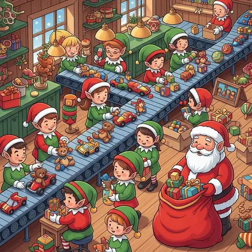 North Pole Elves Conveyor Belt Illustration | Christmas Toy Workshop