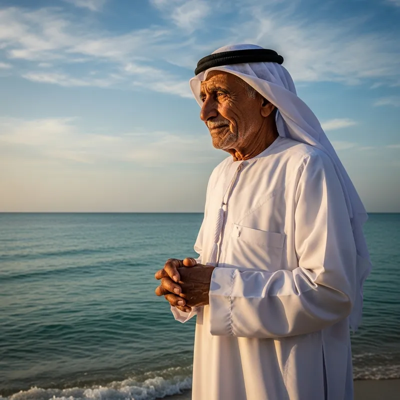 Elderly Man in Gulf Clothing by the Seashore Elderly Man in Gulf Clothing by the Seashore