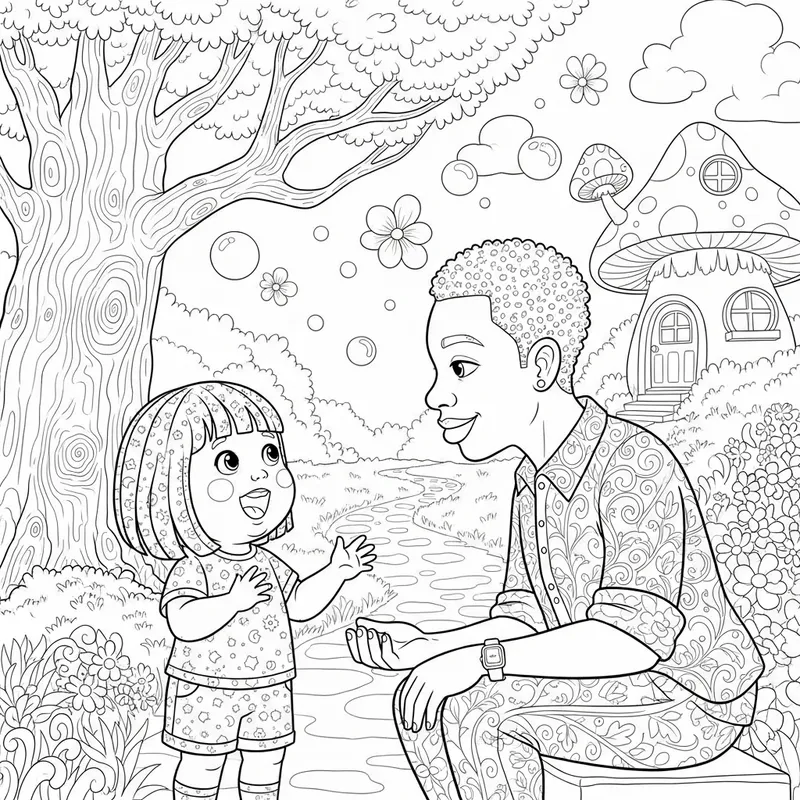 Whimsical Cartoon Child Talking to Adult Coloring Page