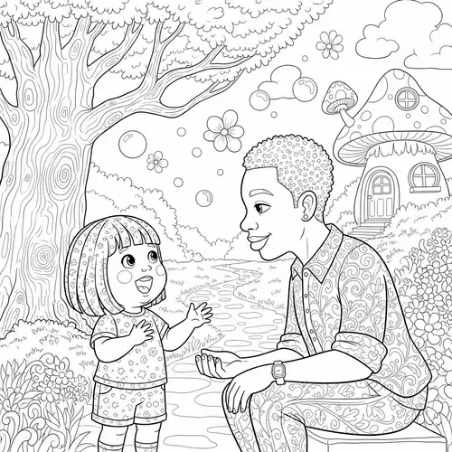 Whimsical Cartoon Style Coloring Page of Child and Adult Conversation