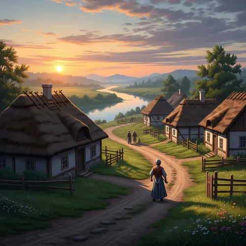 Tranquil Village Scene with Sun-Rising River