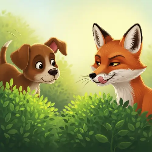 Curious Puppy Encounters Cunning Fox in Playful Landscape
