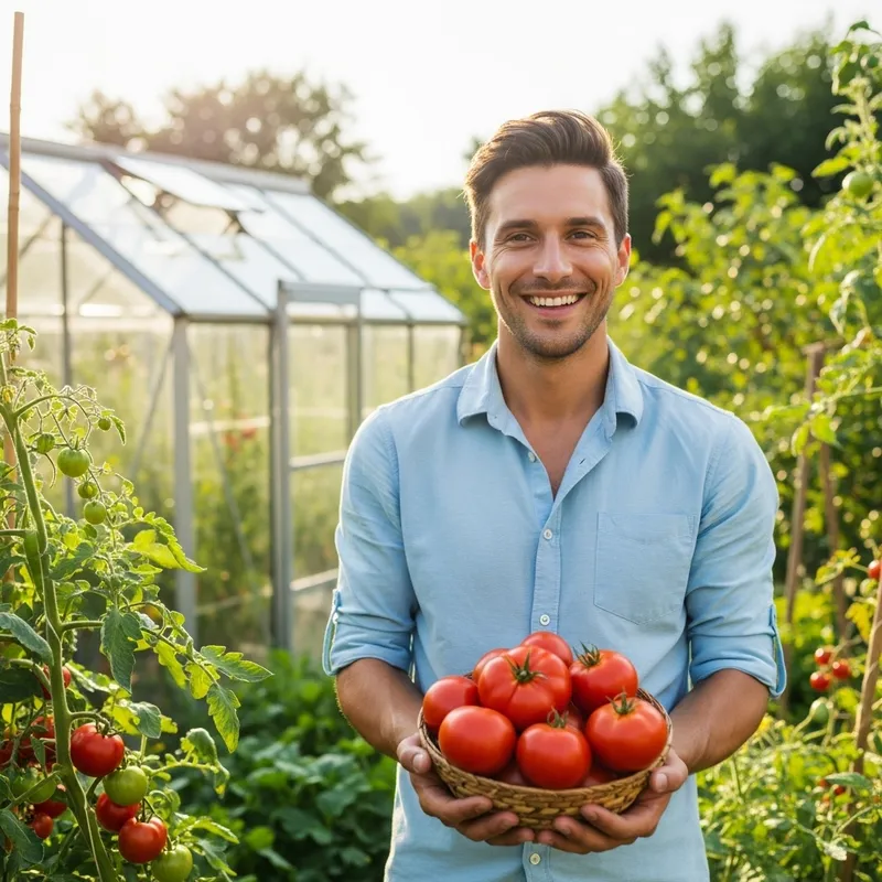 Smiling Brunette European Man With Tomatoes in Summer Garden Smiling Brunette European Man With Tomatoes in Summer Garden