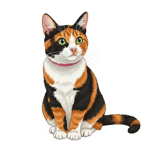 Vibrant Calico Pattern Domestic Cat | Green Eyes & Pink Collar