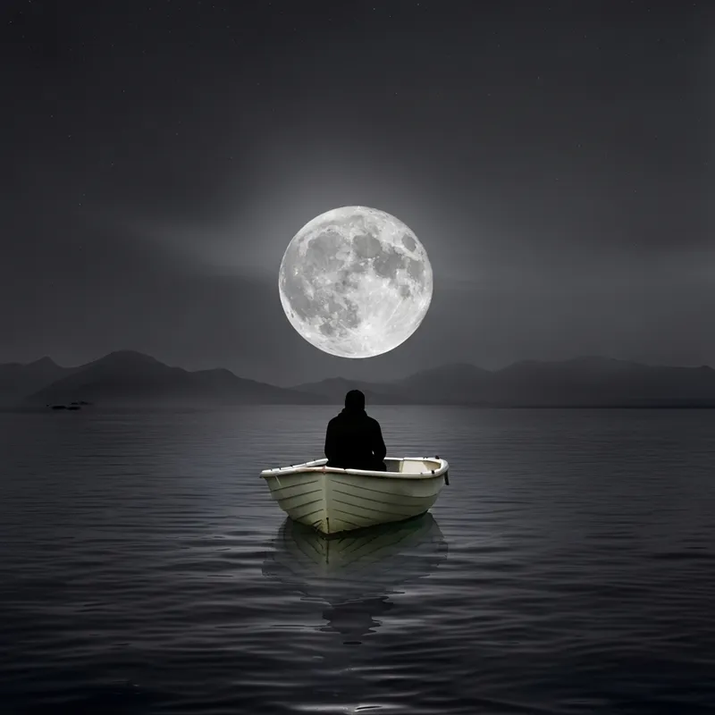Tranquil High-Contrast Seascape with Solitary Figure under Full Moon