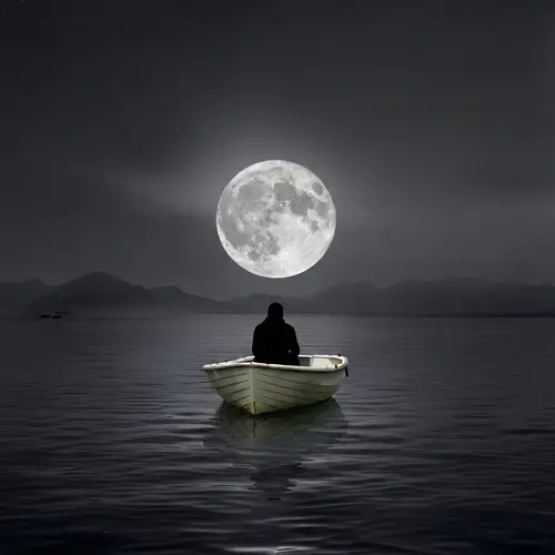 Tranquil Seascape: Unidentified Figure in Boat under Full Moon