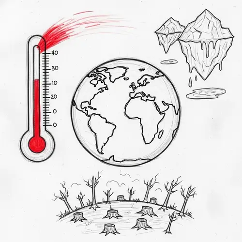 Climate Change Sketch with Earth, Rising Temperatures, and Deforestation