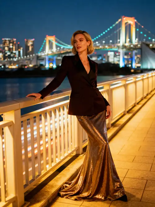 Glamorous Night Look on Rainbow Bridge, Tokyo