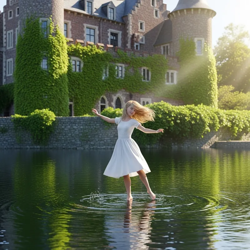 Blonde Girl Dancing on Water in Front of Majestic Castle - 3D Image