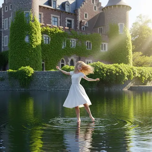 Blonde Girl Dancing on Water by Majestic Castle in 3D