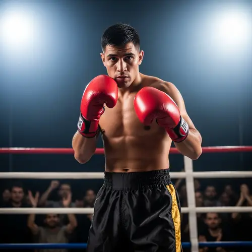 Focused Hispanic Male Boxer in Professional Boxing Ring
