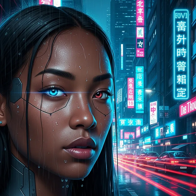 Luminescent Afro-Asian Woman Portrait in Cyberpunk Cityscape
