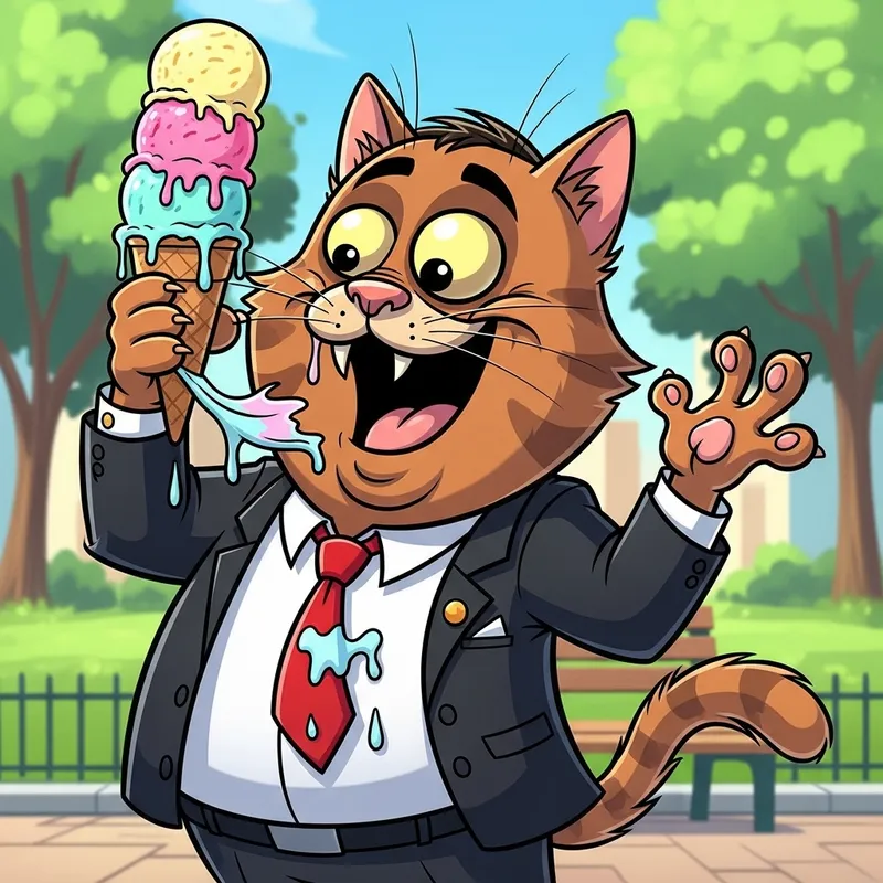 Cartoon Cat President Enjoying Ice Cream - Fun and Humorous Scene