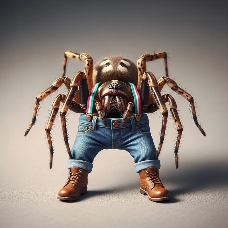 Stylish Spider in Blue Jeans, Braces, and Brown Boots