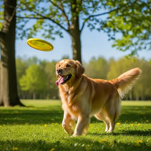Happy Golden Retriever Dog Playing Catch in Lush Green Park