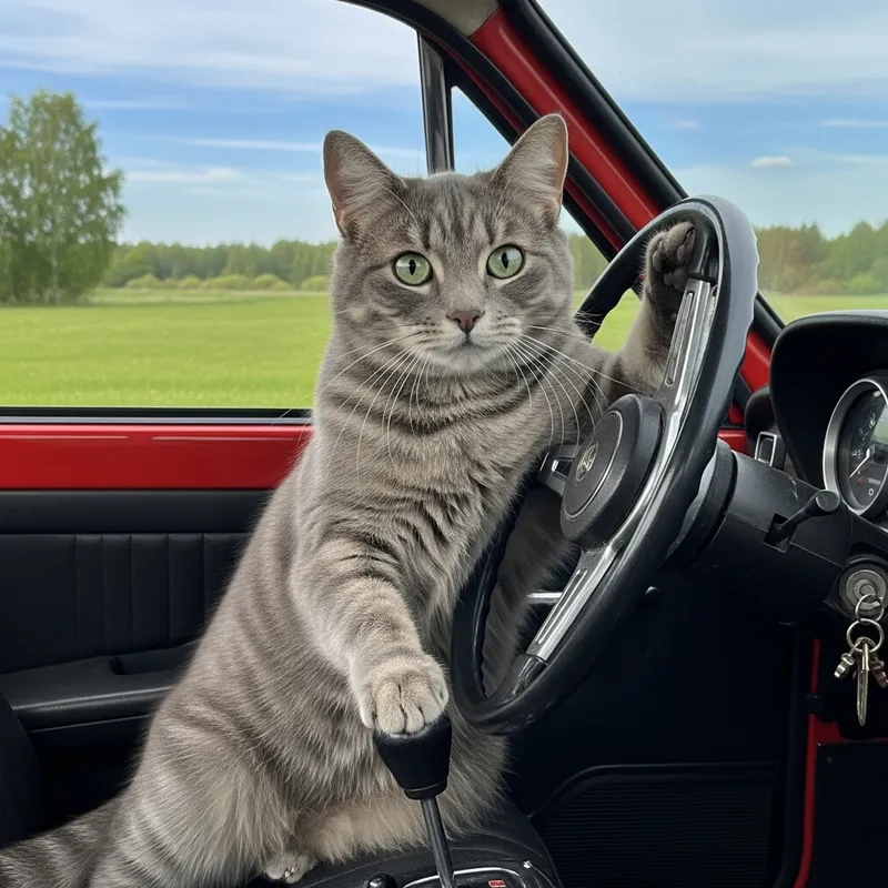 Captivating Gray Cat in Vintage Red Car: Whimsical Scene