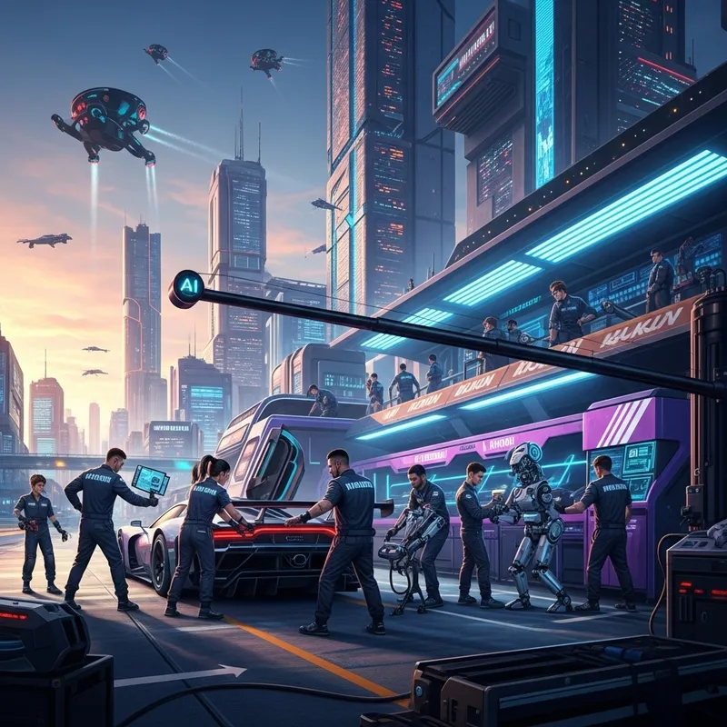 Futuristic Cyberpunk Pit Lane in High-Tech City Scenes