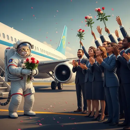 Astronaut Cat Receives Warm Welcome with Roses | Hyperrealistic Art