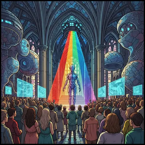 Futuristic Stained Glass Window | Diverse Congregation & AI Deity