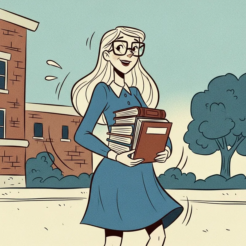 University Student with Long Hair and Glasses Carrying Books in Blue Dress, Pixar Style