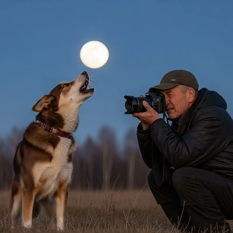 Udmurt Man Capturing Dog Barking at Daylit Moon