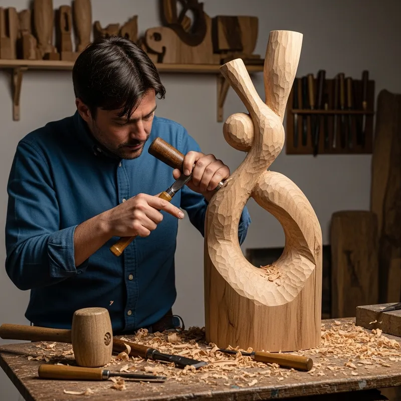 Wood Sculptor Crafting Abstract Sculpture