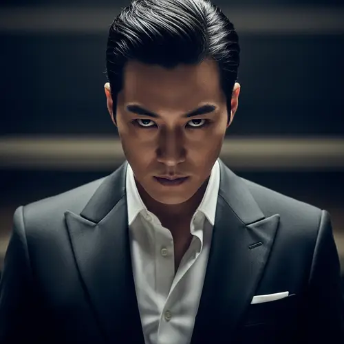 South-Korean Male Musician in Black Suit: Serious and Commanding