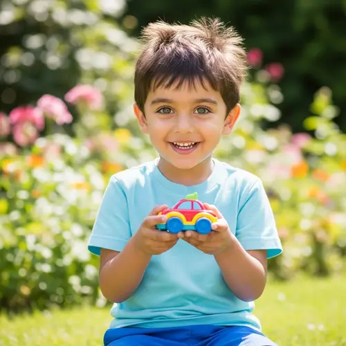 Innocent Joy: South Asian Boy Playing in Garden with Toy Car