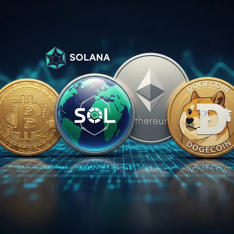 Cryptocurrency Symbols: BTC, SOL, ETH, DOGE Image