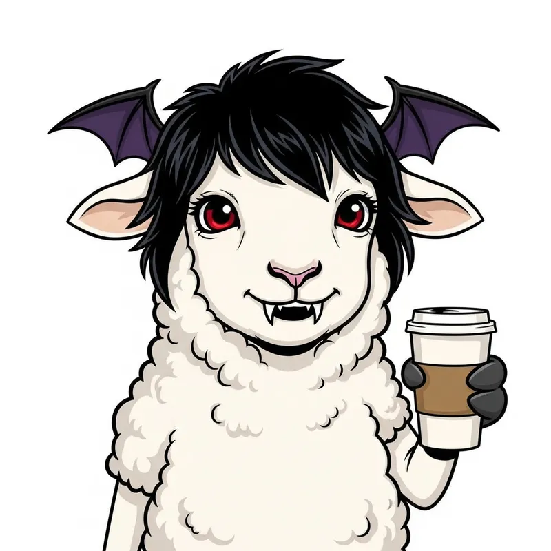 Whimsical Sheep Fursona with Black Bat Ears and Cherry Red Eyes Holding Coffee Whimsical Sheep Fursona with Black Bat Ears and Cherry Red Eyes Holding Coffee